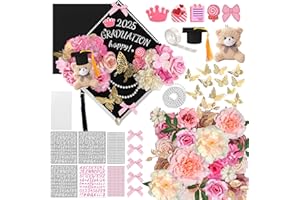 ZXSWEET DIY Graduation Cap Decorations Included Artificial Flower Bows Bear Butterfly Rhinestones Stickers Alphabet Number Stickers Glitter Paper for Art DIY Hat Grad Cap Topper