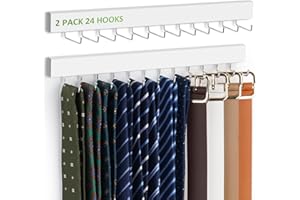 2 Pack Tie Rack Wall Mounted Belt Organizer for Men, Wooden Tie Hanger for Wall Closet with 24 Non-Slip Rotating Hooks Neckti