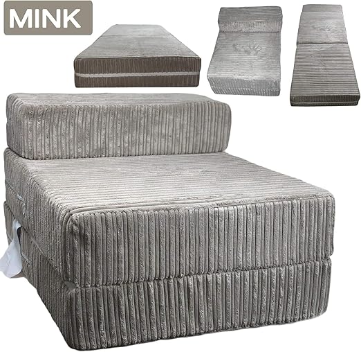 Mink Jumbo Cord Single Chair Bed Sofa Z Bed Seat Foam Fold Out Guest