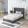 Giantex Twin Bed Frame for Kids, Modern Fabric Upholstered Platform Bed with Wingback Button Tufted Headboard, Solid Wooden Slats Support Mattress Foundation, Twin Beds for Girls Boys, Grey