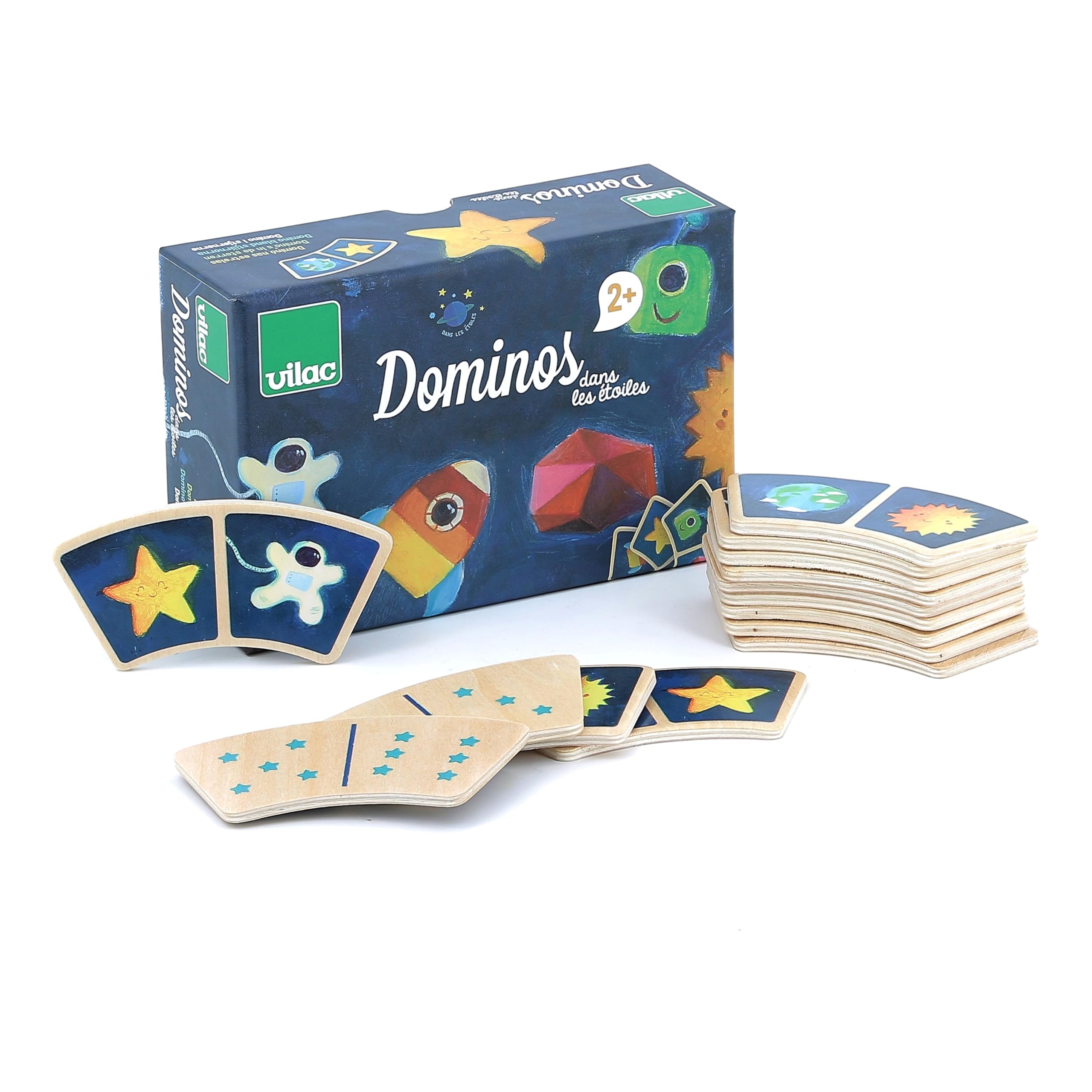 Vilac Wooden Reversible Dominoes Board Game for Kids, Traditional Learning Educational Game, Star, Rocket, Earth, Astronaut Theme, 28 Pieces, 2 Years+