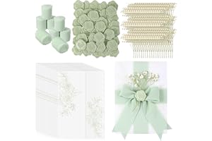 Fullhawl 50 Sets Wedding Invitations Wraps Set Pre Folded Vellum Jackets for 5 x 7 Invitations Dried Flowers Wax Seal Stickers Chiffon Silk Ribbon for Wedding Birthday Bridal Shower Craft DIY (Green)