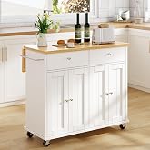 JY QAQA 39" Rolling Kitchen Island Cart on Wheels, Mobile Storage Cabinet with 2 Drawers &amp; Double Door Cabinet, Cart Handle for Towel Rack or Free Mobility, Portable Islands for Kitchen, White