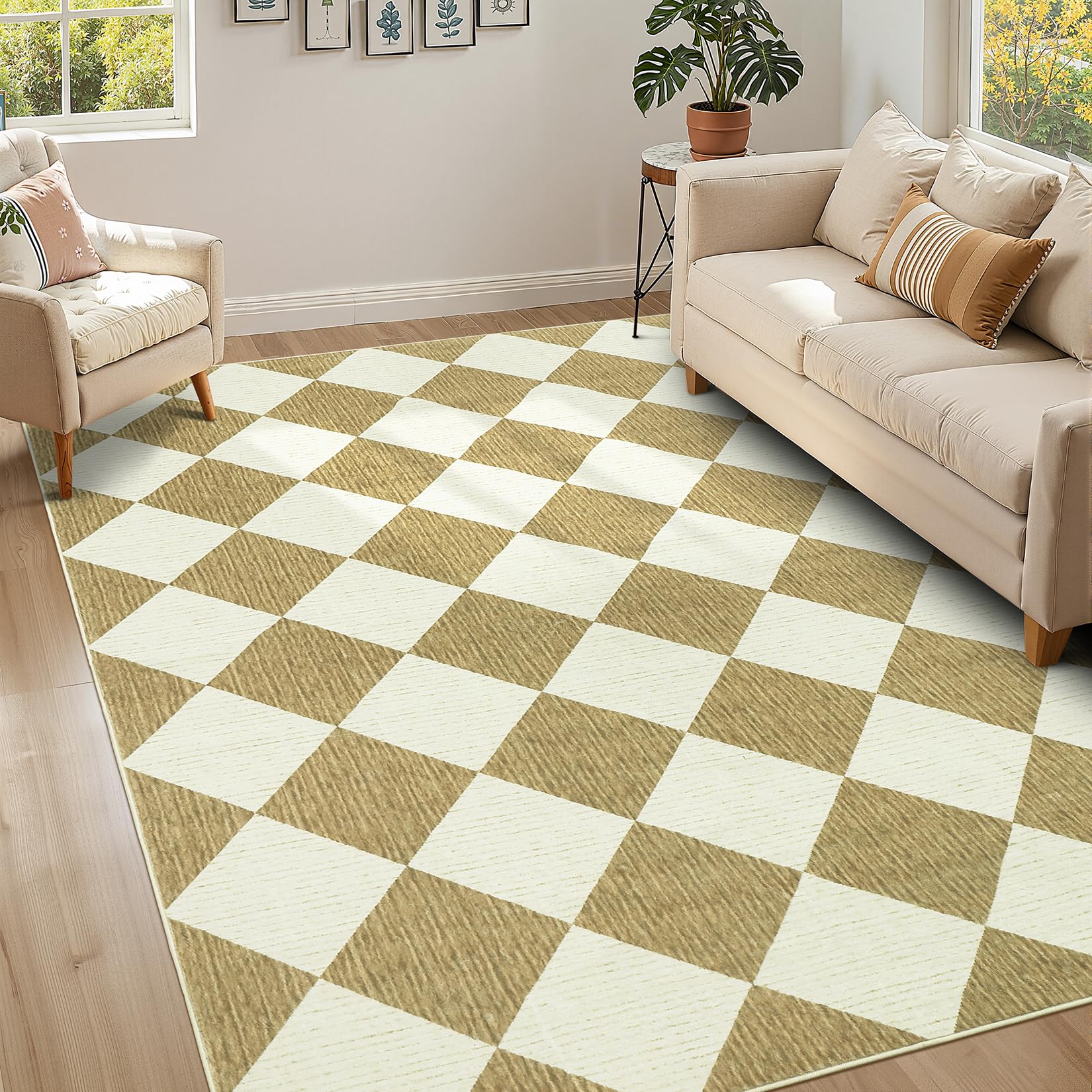 GarveeHome 5x7 Modern Checkered Area Rug, Geometric Farmhouse Washable Rugs for Living Room Bedroom, Soft Low Pile Non Slip Diamond Floor Mat Plaid Print Throw Rug Indoor Carpet Dining Room Playroom