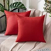 MIULEE Pack of 2 Decorative Outdoor Solid Waterproof Throw Pillow Covers Faux Linen Garden Farmhouse Cushion Cases for Summer Patio Tent Balcony Couch Sofa 18x18 Inch Red