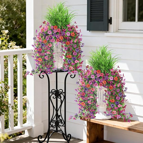 ARTIFICIAL HANGING FLOWERS WITH WHEAT GRASS FOR OUTDOORS, 5 PCS FAKE HANGING PLANTS FOR SPRING DECOR, UV RESISTANT FAUX SILK FLOWER GREENRY FOR PLANTER PORCH PATIO YARD GARDEN(MIXD PURPLE RED)