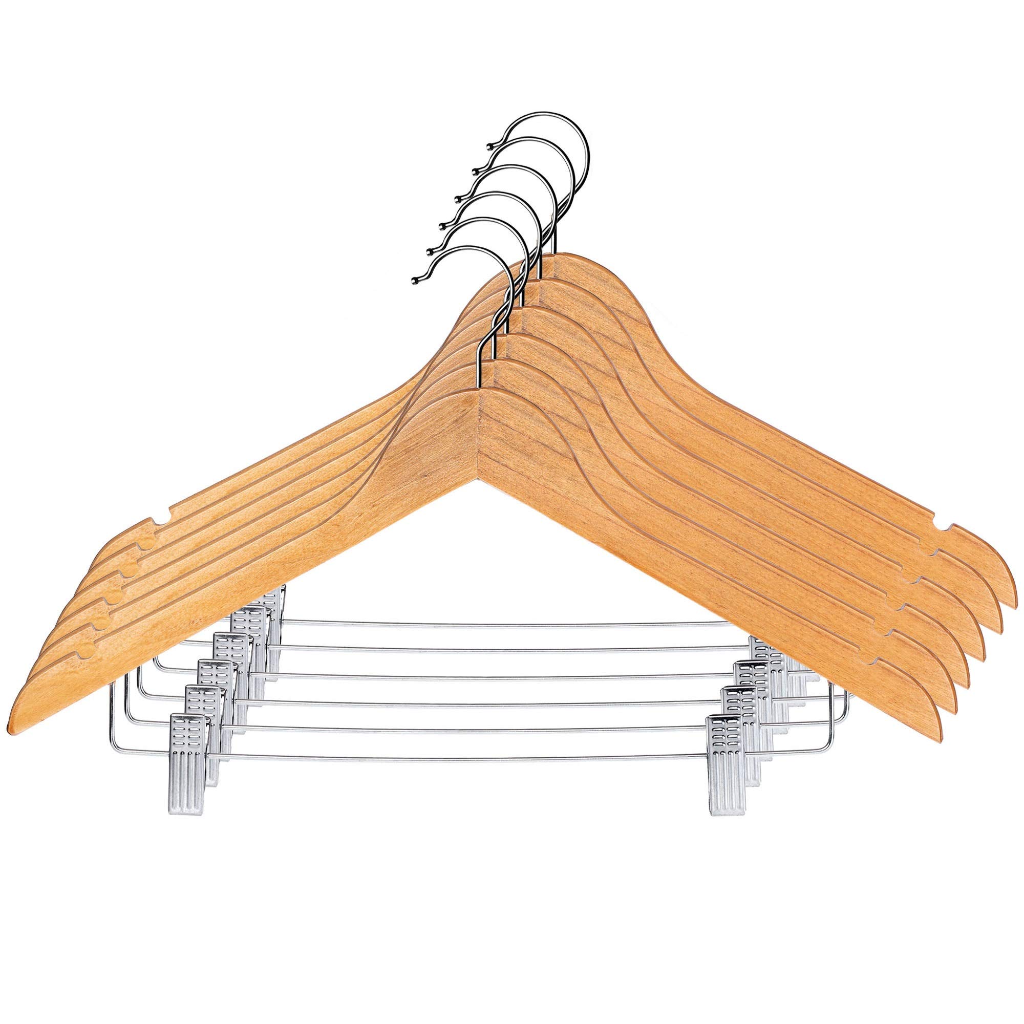 KADAX Wooden Hanger with Metal Clips for Clothes, Universal Wardrobe Hanger with Anti-Slip Properties for Trousers, Skirts, Jackets, Coates (Set of 6)