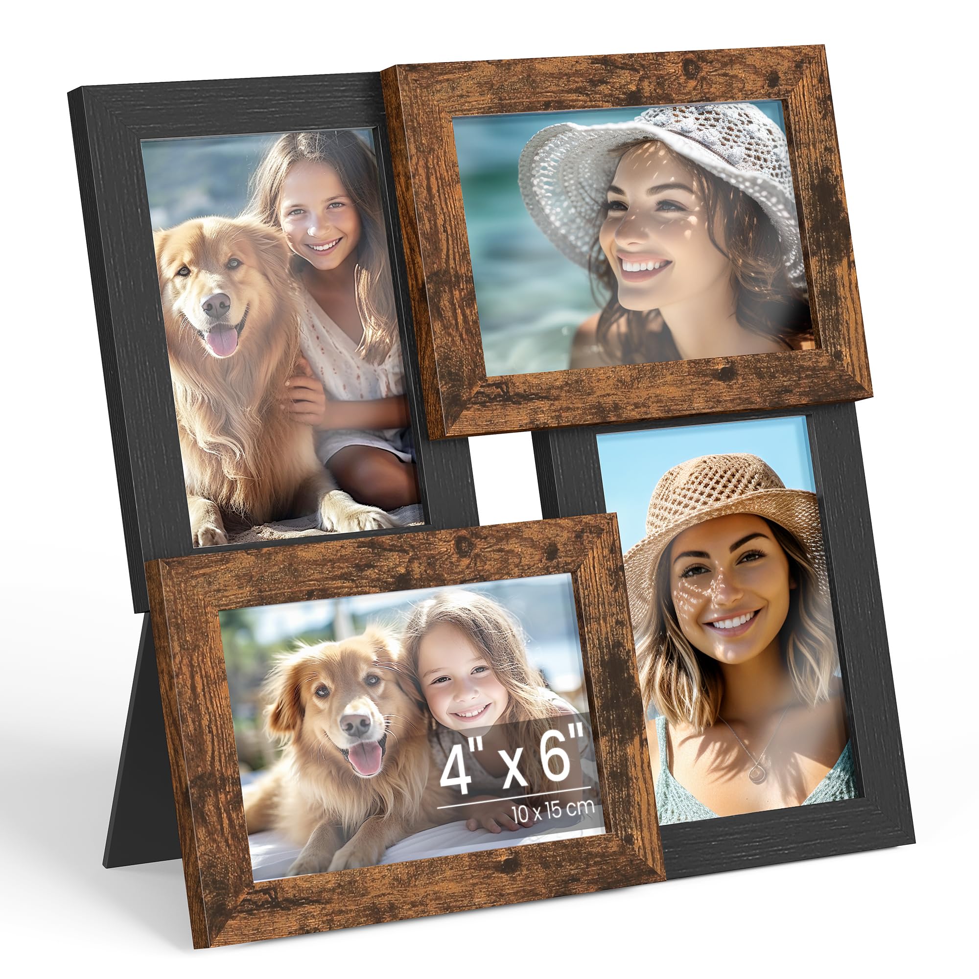 SONGMICS 4x6 Collage Picture Frames, Family Photo Collage Frame Set of 4 for Wall Decor, Glass Front, Wall Hanging or Tabletop, Ash Black and Rustic Brown URPF025K01