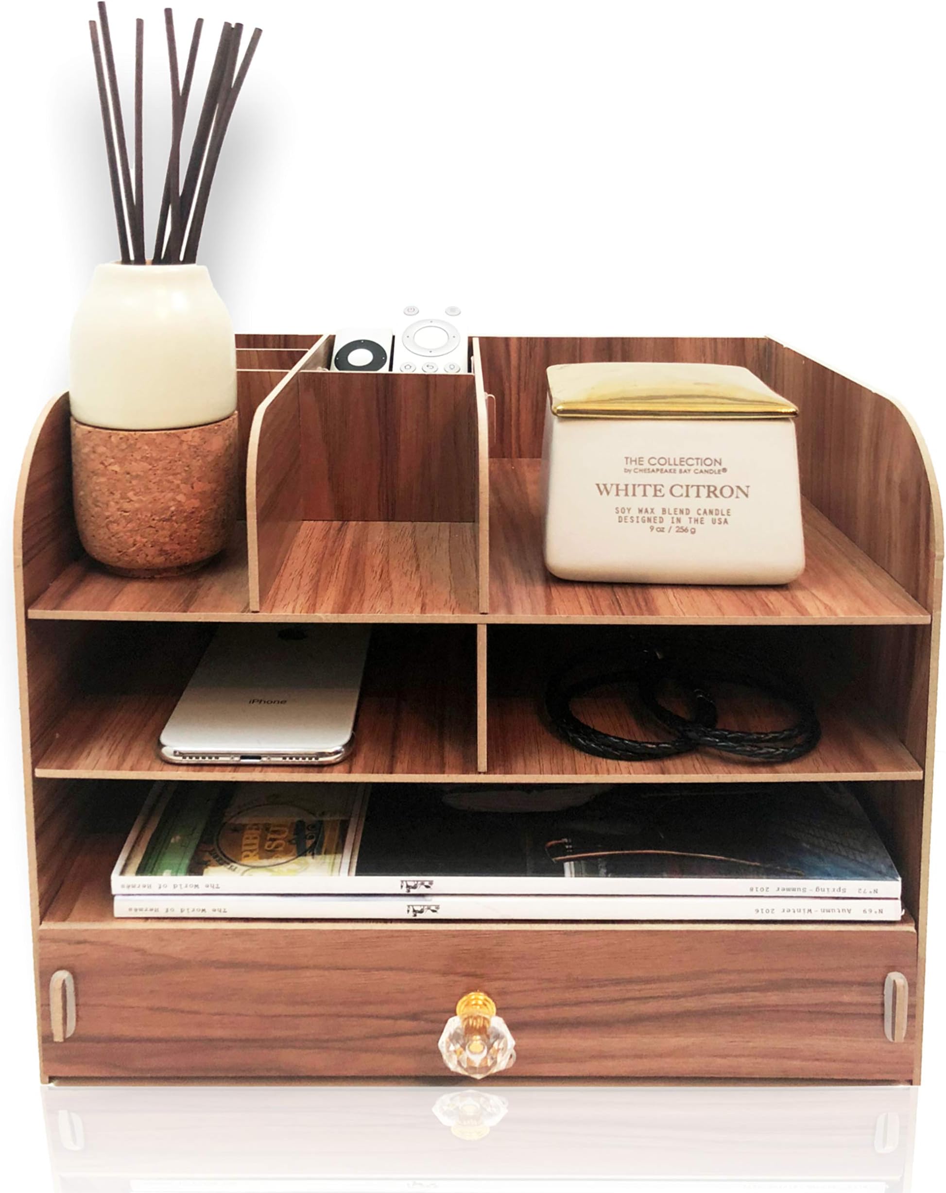 Organize Fun Desk Organizer with Drawer for Office Supplies, Files, folders, mails, pens and Accessories. A Desktop Essential for Home, Office, College Dorm and Classroom. (Brown)