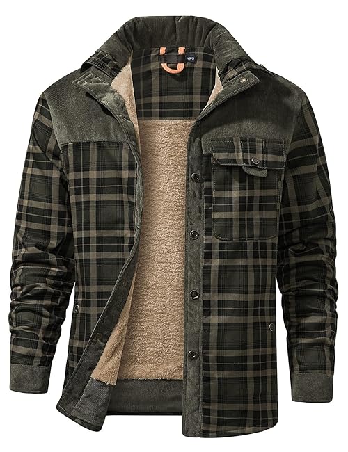 Gihuo Men's Long Sleeve Sherpa Lined Shirts Outdoor Warm Flannel Plaid Jacket Button Down Fleece Coats(DarkGreen-M)