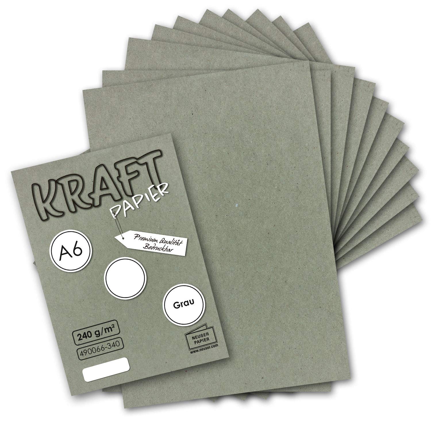 NEUSER PAPIER 50x kraft paper grey craft sheets A6-105 x 148mm craft paper, construction paper, coloured paper, photo cardboard, postcards made of natural cardboard 225 g/m²