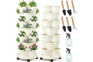 Umigy 2 Set of 7 Tier Stackable Vertical Planters with Removable Wheels and Tools Tower Planters Strawberry Herb Flower Vegetable Pots Indoor Outdoor Gardening Pots(Ivory)