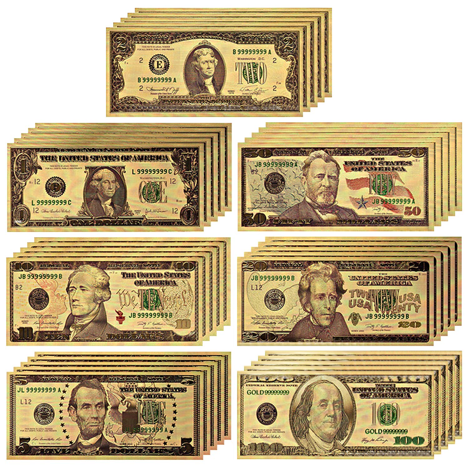 LONG7INES USA President 1/2/5/10/20/50/100 Dollar Bill Banknote, 24k Gold Coated Legacy Limited Edition Chief Executive Banknote Bill Great Gift for Coin Currency Collectors and Republican (35 Pack)