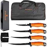 BasicGear Fishing Fillet Knife Set of 4 – 5”, 7”, 8”, 9” 440C Stainless Steel Knives with Non-Stick Blades, Sheaths, Sharpener, and Carry Bag – Deboning and Filleting Tools for All Fish Types