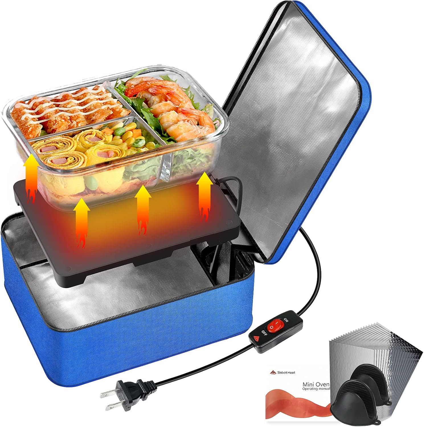 SabotHeat Mini Portable Oven - 120V 90W Fast Heating Portable Microwave with On/Off Switch for Reheating & Raw Food Cooking, Portable Food Warmer Lunch Box for Office, Travel, Home Kitchen(Blue)