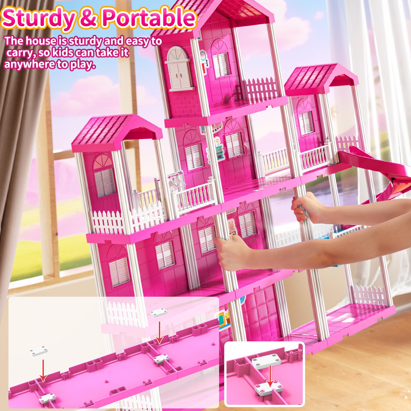 Pink Villa Playset for Girls Ages 3-7, 4-Story 10-Room House with 2 Dolls, Furniture & Accessories, Pretend Play Toddler Toy, Birthday Gifts for Kids 3-8