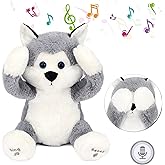 Hopearl Peek A Boo Husky Interactive Repeats What You Say Plush Dog Toy Musical Singing Talking Stuffed Animal Adorable Electric Animate Birthday Festival, Gray, 11.5''