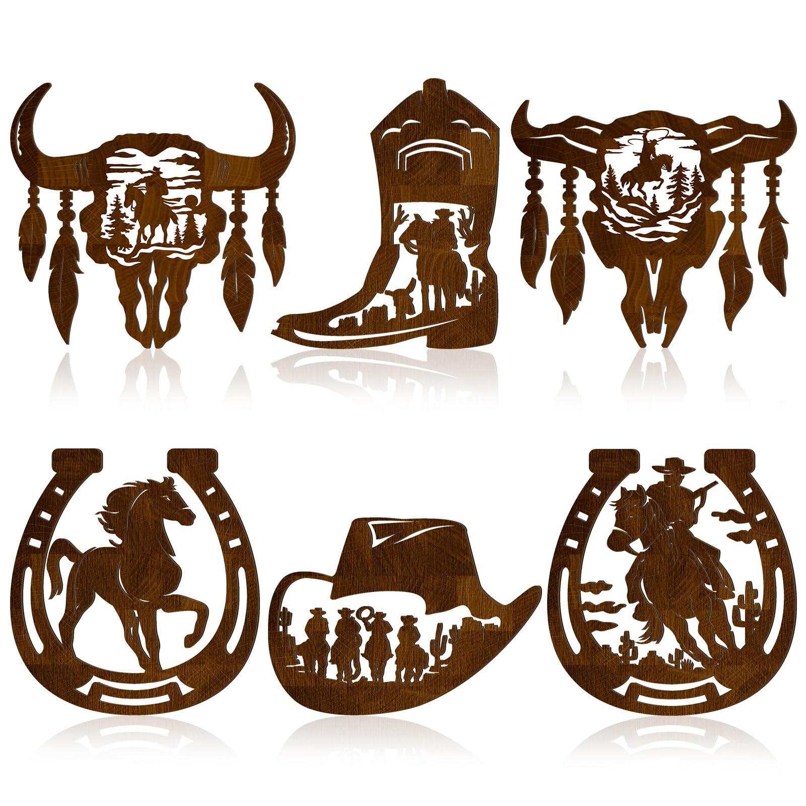 Photo 1 of Therwen 6 Pcs Western Wall Decor Wood Wall Art Rustic Cowboy Hat Boot Saddle Deer Bear in the Forest Pine Tree Cow Decorations for Home Bedroom Kitchen(Cowboy,Brown)