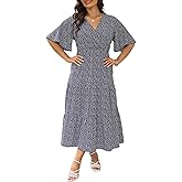 Keluummi Plus Size Summer Wedding Guest Maxi Dresses for Curvy Women, Casual Floral 3/4 Sleeve Emipre Waist V Neck Long Dress