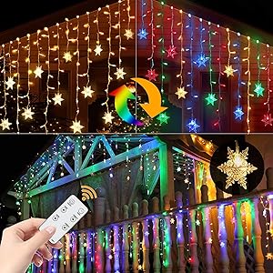 360 Led Snowflake Icicle Lights Christmas Lights Outdoor Color Changing Window Curtain String Fairy Light for Indoor House Window Home Wall Patio Yard Garden Porch Holiday 40ft 8 Modes