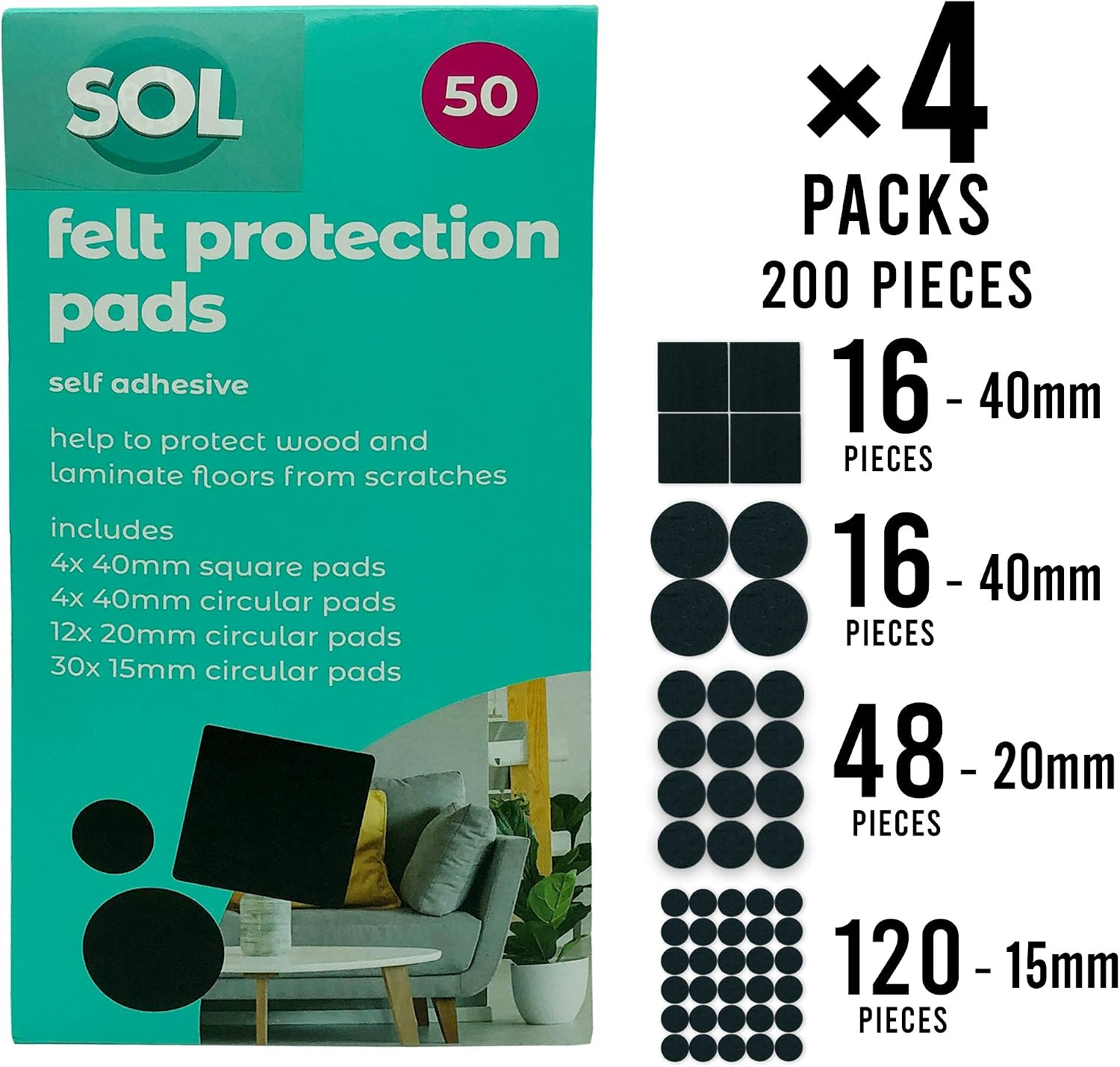 SOL 200pk Felt Pads for Furniture Feet Furniture Pads Floor Protectors Chair Leg Floor Protectors - Image 3