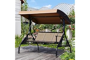 NOBLEMOOD Outdoor Patio Swing with Adjustable Canopy, 3 Seat Outdoor Porch Swing with Stand, Cup Holders, Waterproof Textilene Swing Chair for Backyard Garden Patio
