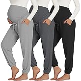 Sweetyweee 3 Pack Women's Maternity Pants Over The Belly Pregnancy Stretchy Jogger Drawstring High Waisted Cuff with Pockets(Light Gray, Dark Gray, Black,X-Large)