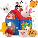 SAIMAND Montessori Farm Toy for Babies, Plush Barn with 7 Soft Animal Toys | Crinkle, Squeaky, Rattle, Mirror, Portable Barn Storage, Fine Motor Play, Multi-Sensory Learning, Gift for Infants &amp; Toddler