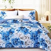 Luxudecor Floral Quilt Set Queen Size - 3 Pieces Blue Watercolor Botanical Bedspread Coverlet Set with 2 Pillowcases, Lightweight Soft Bedding Set for All Seasons 96"x90"