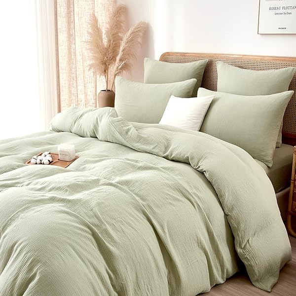 Luofanfei Baumwolle Muslin Bettwäsche 135x200 4teilig Grün Hellrün Renforce Uni Sommer Kühlende Bettwäsche Set Boho Weiche Bettbezüge Knitterlook Bügelfrei mit Reißverschluss und Kissenbezüge 80x80