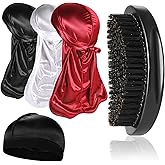 3pcs Silky Durag with Wave Brush for Men 360, Curved Medium/Hard Hair Brush Kits,A