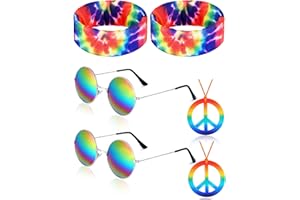 Frienda Hippie Costume Set, Hippie Sunglasses, Peace Sign Necklace and Tie Dye Headband for 60s 70s Accessories