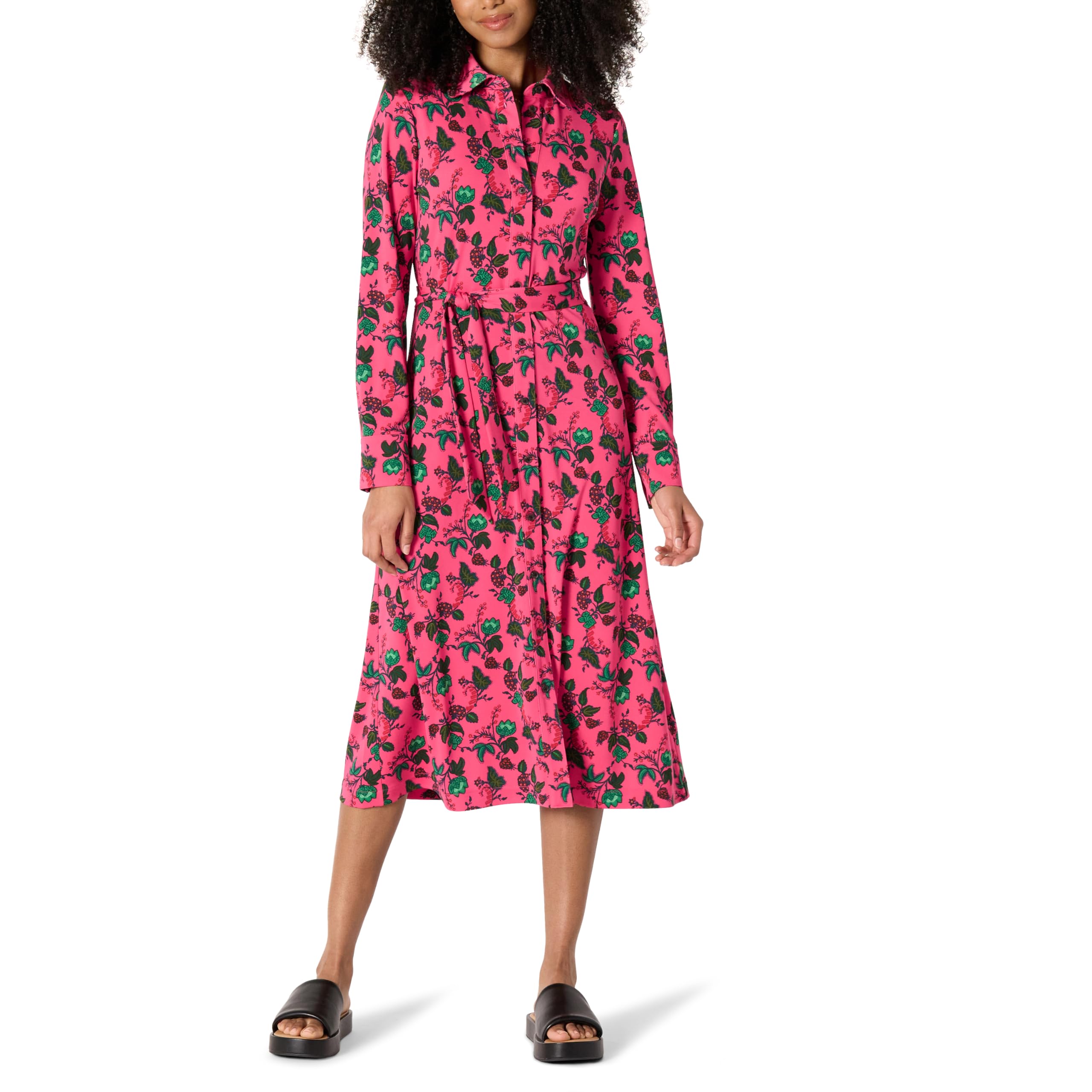 Photo 1 of Amazon Essentials Women's Regular-Fit Matte Jersey Midi Length Dress, Hot Pink Leafy Floral Ditsy, X-Large