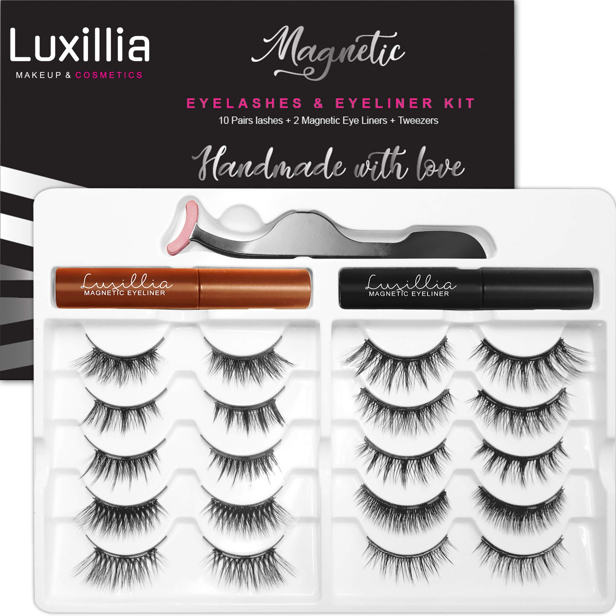 Luxillia Magnetic Eyelashes Kit – 13 Piece Magnetic Eyelash & Eyeliner Set with Applicator – Natural Look Easy Apply Reusable Fake Extension Lashes, No Glue – Pestañas Postizas Magnéticas Naturales