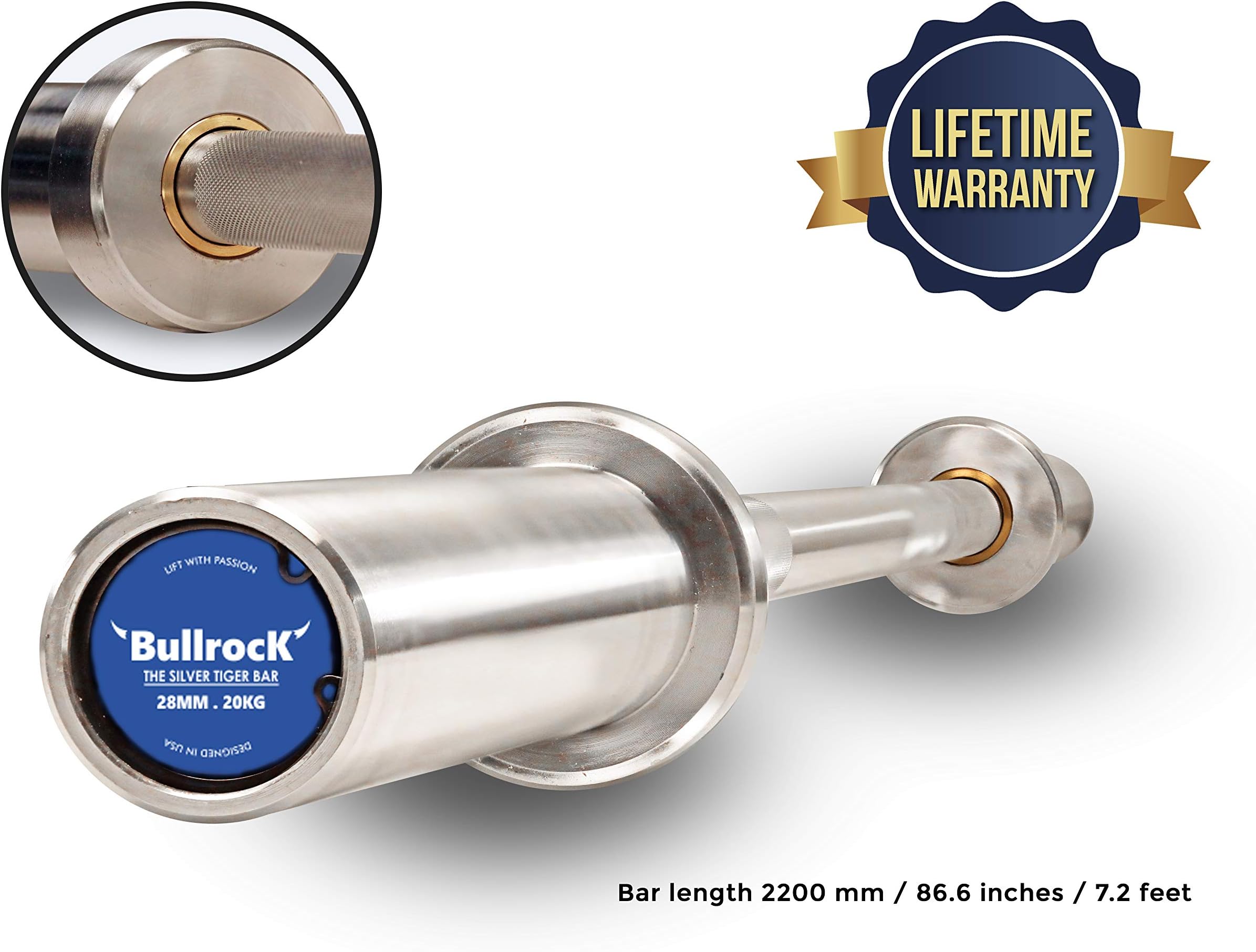 BullrocK The Silver Tiger Bar 7 Feet for Olympic Weightlifting Powerlifting Gym Crossfit Barbell Rod 20kg 28mm Max Load 1500lbs Hard Chrome Coating