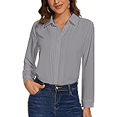 YAMANMAN Womens Button Down Shirts Long Sleeve Casual Chiffon Blouses Loose Pleated Collared Work Office Tops