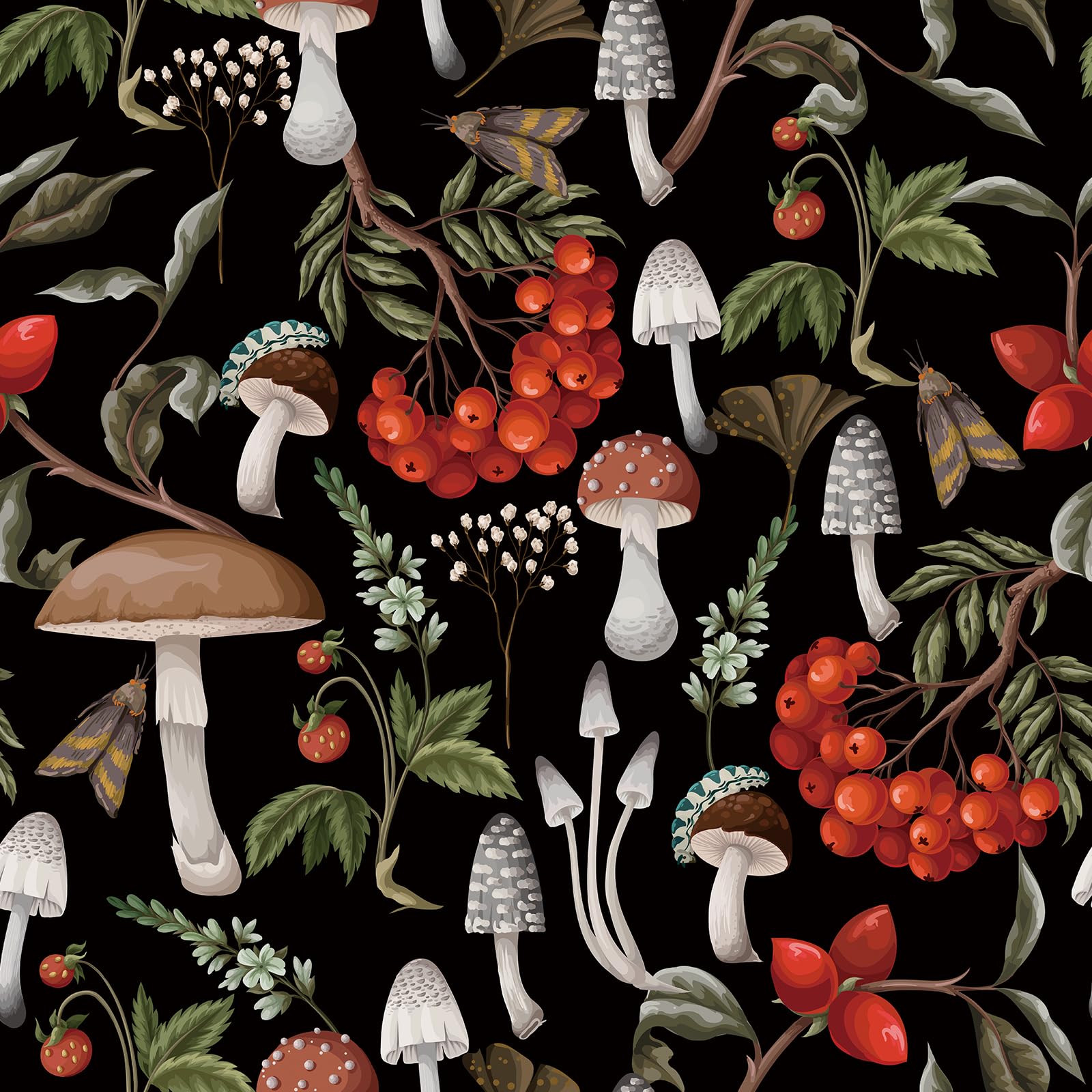 VaryPaper Peel and Stick Tropical Mushroom Wallpaper 44.5cmx200cm Leaf Contact Paper Flower Prints Sticky Back Plastic Black Botanical Wallpaper for Living Room Bedroom Sticky Vinyl Wrap for Furniture