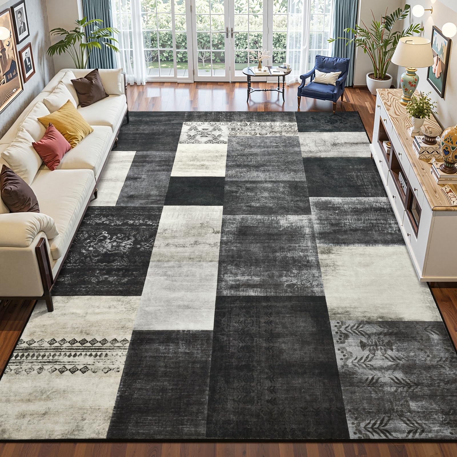 DweIke Washable 4x6 Area Rugs for Living Room, Modern Abstract Black White Soft Bedroom Rug, Non-Slip Geometric Aesthetic Throw Carpets for Dining Room Office Home Hardwood Floor Decor