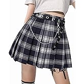 AULKEEP Womens Goth Black Mini Skirt with Belt Punk High Waist Plaid Skirts for Women for Streetwear