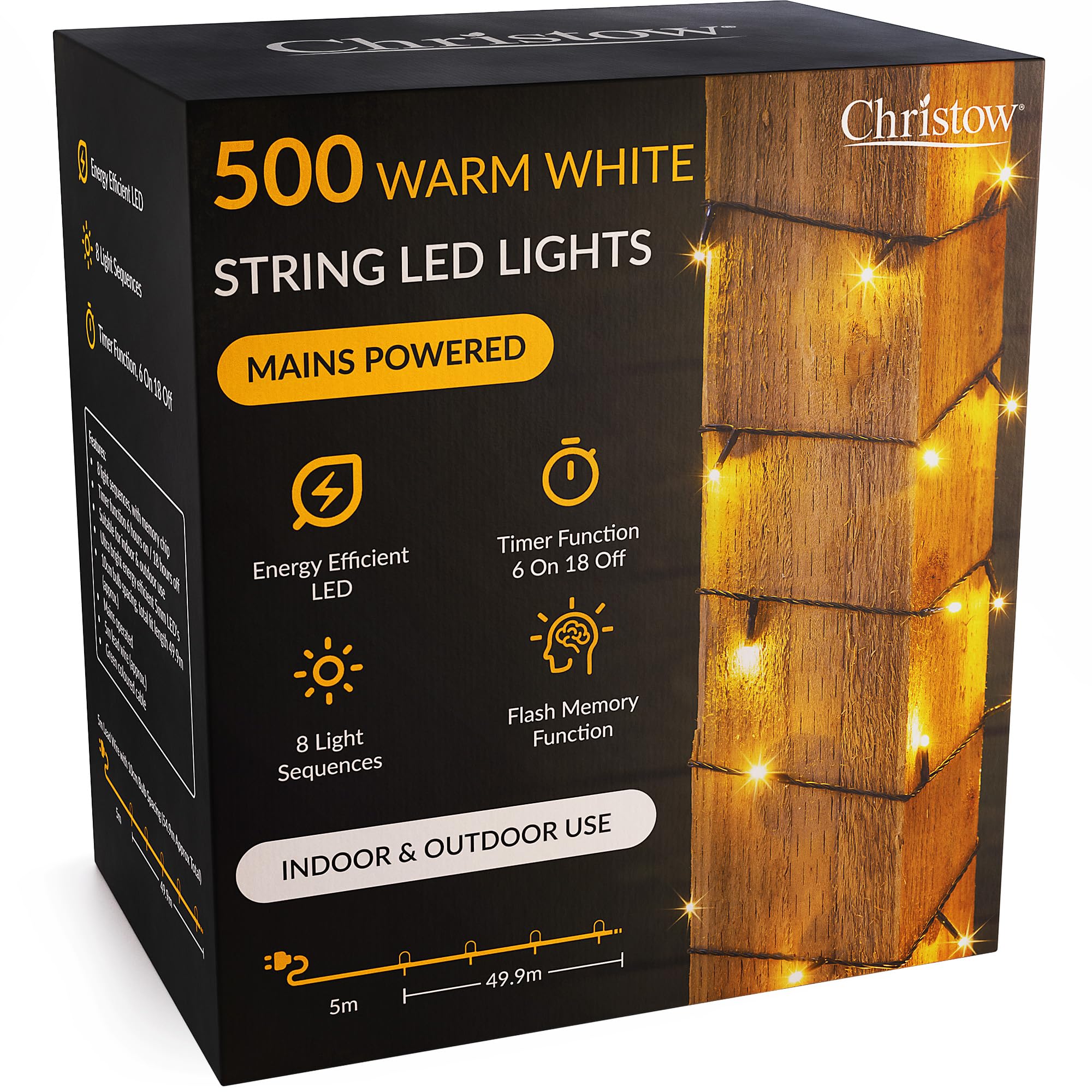 CHRISTOW Christmas Fairy Lights, Warm White LED String Lighting with Timer, Indoor & Outdoor, Tree Lights, Mains Operated, 8 Light Modes Flashing & Static, Green Cable (500 LED / 50m Lit Length)