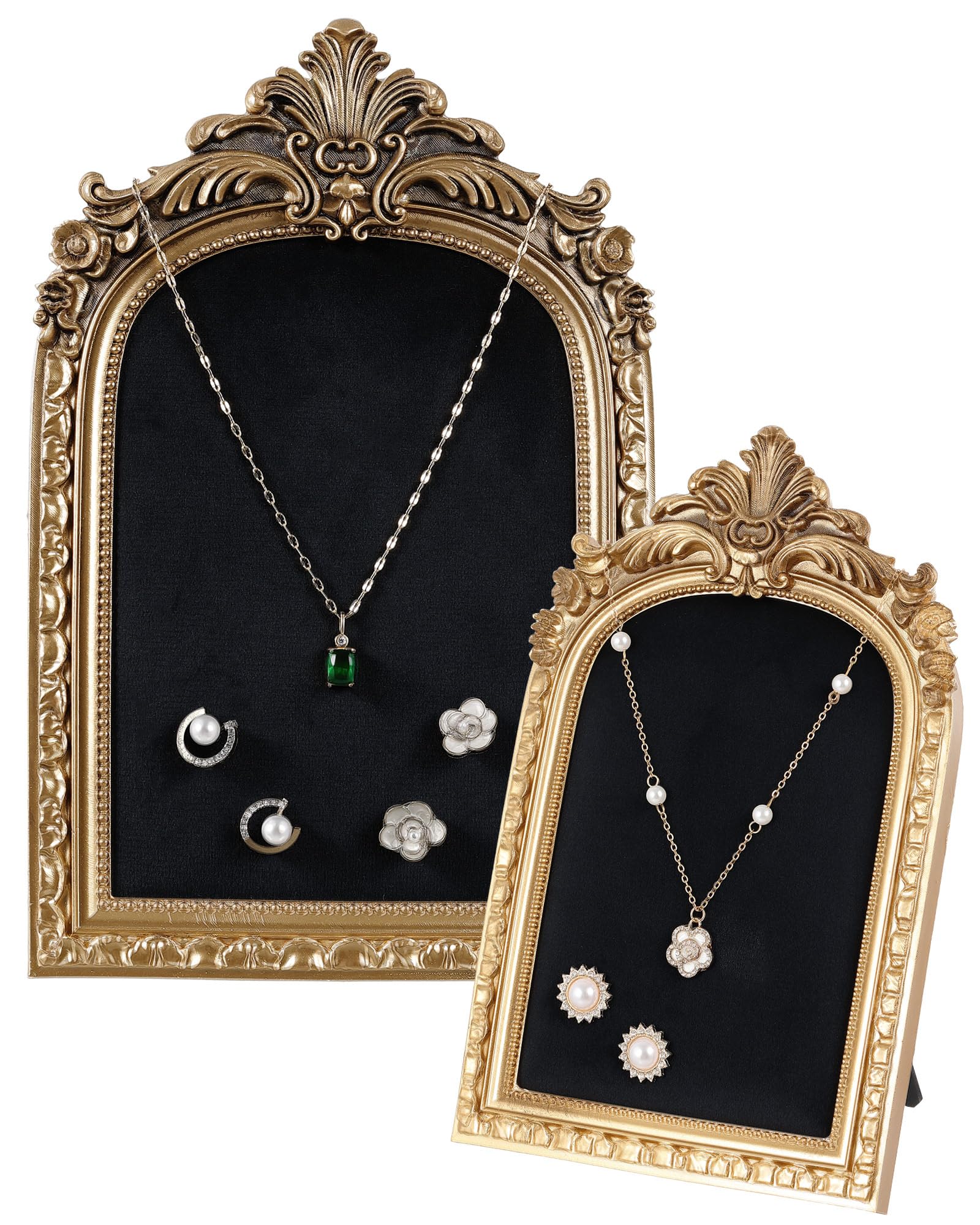 Photo 1 of Wonderjune 2 Pcs Gold Jewelry Display Stand Vintage Necklace Organizer Ring Holder Earring Tray Resin Jewelry Photography Props Frame with Velvet Backing for Gifts(Black,Large,Small,Elegant)