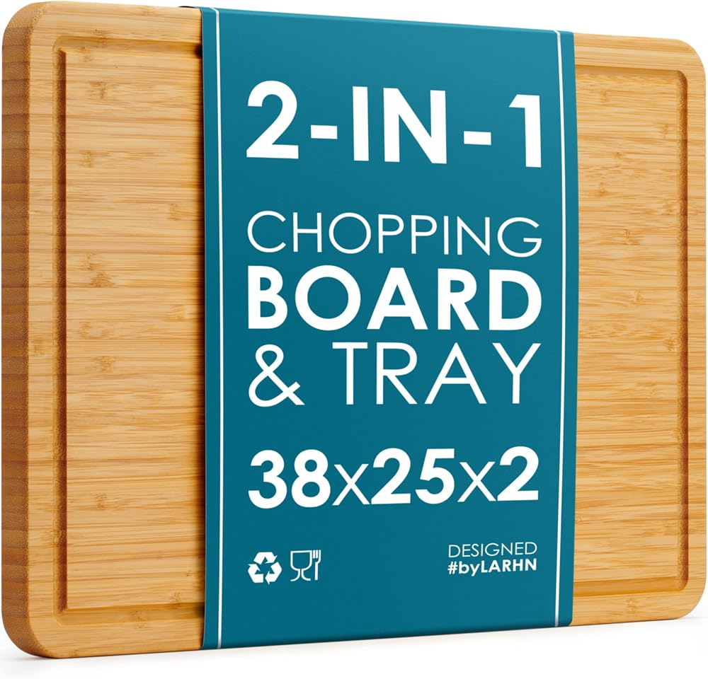 LARHN Premium Organic 2-in-1 Large Wooden Chopping Board & Serving Tray