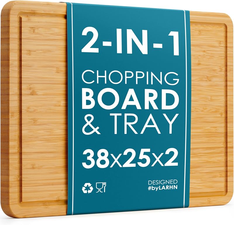 LARHN Premium Organic 2-in-1 Large Wooden Chopping Board & Serving Tray