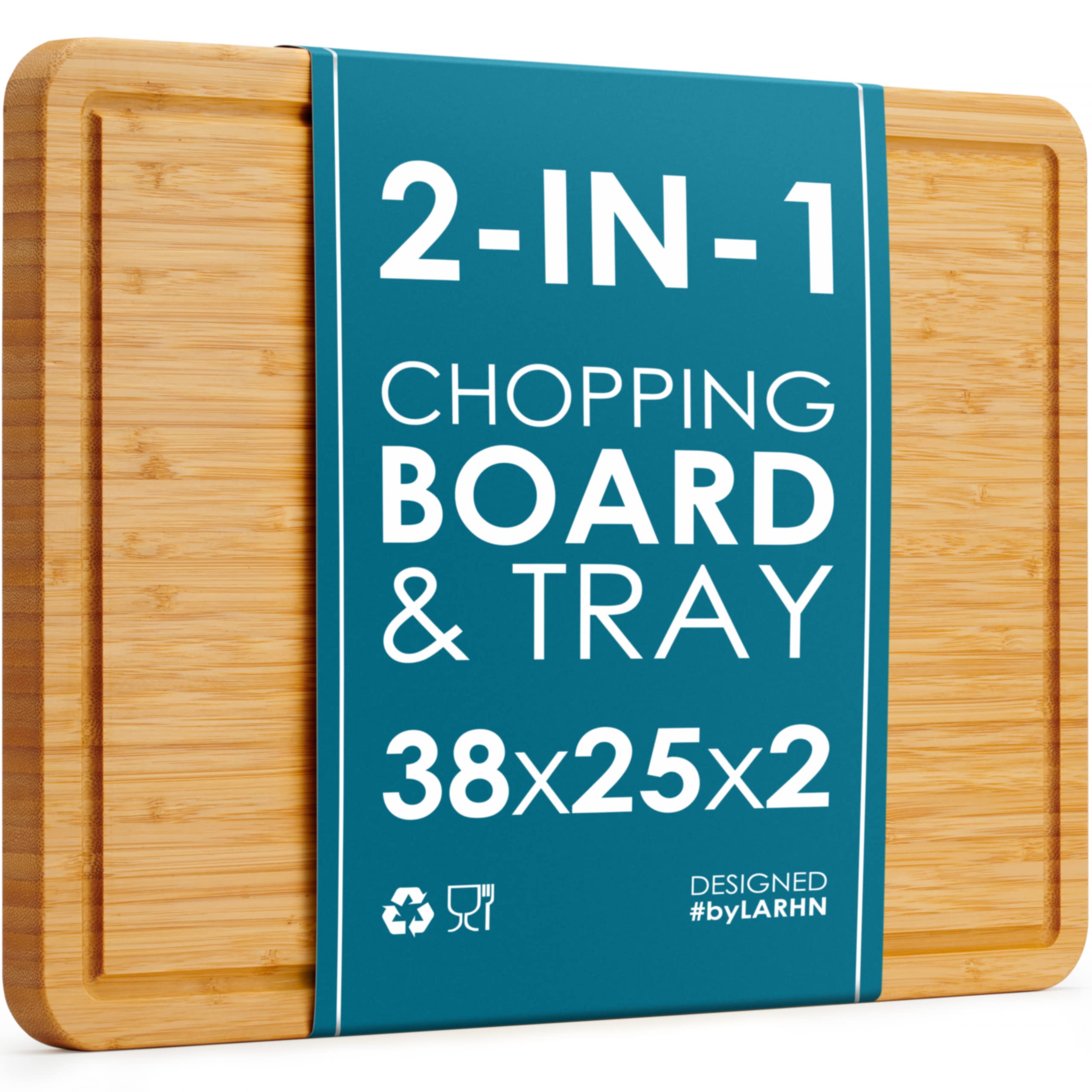 Premium Organic 2-in-1 Large Wooden Chopping Board & Serving Tray – 38x25x2cm – Multi-Purpose Bamboo Cutting Board with Juice Groove for Carving Meat, Vegetables, Cheese and Bread - by LARHN