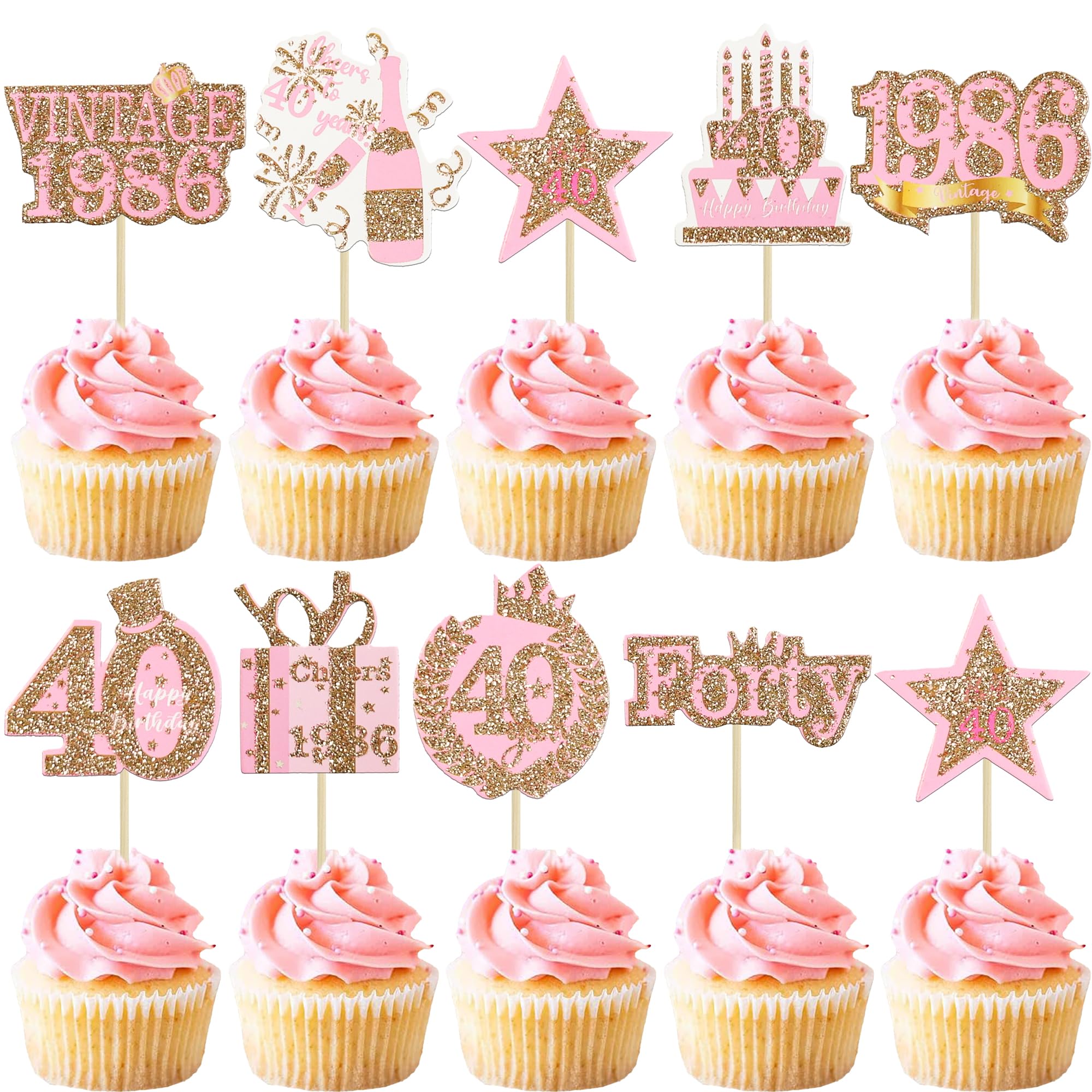Gyufise 36Pcs Happy 40th Birthday Cupcake Toppers Glitter Rose Gold Forty Hello 40 Vintage 1986 Cupcake Picks Cheers to 40 Years 40 Fabulous Cake Decorations for 40th Birthday Party Supplies
