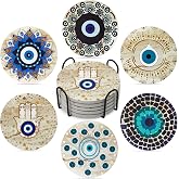 Evil Eye Coasters Set of 6,House Warming Gift Drink Absorbent Coasters with Holder, Coffee Table Decor Ceramic Stone Coaster for Halloween New Home,Apartment Kitchen Bar Living Room (Evil Eye-Yellow)