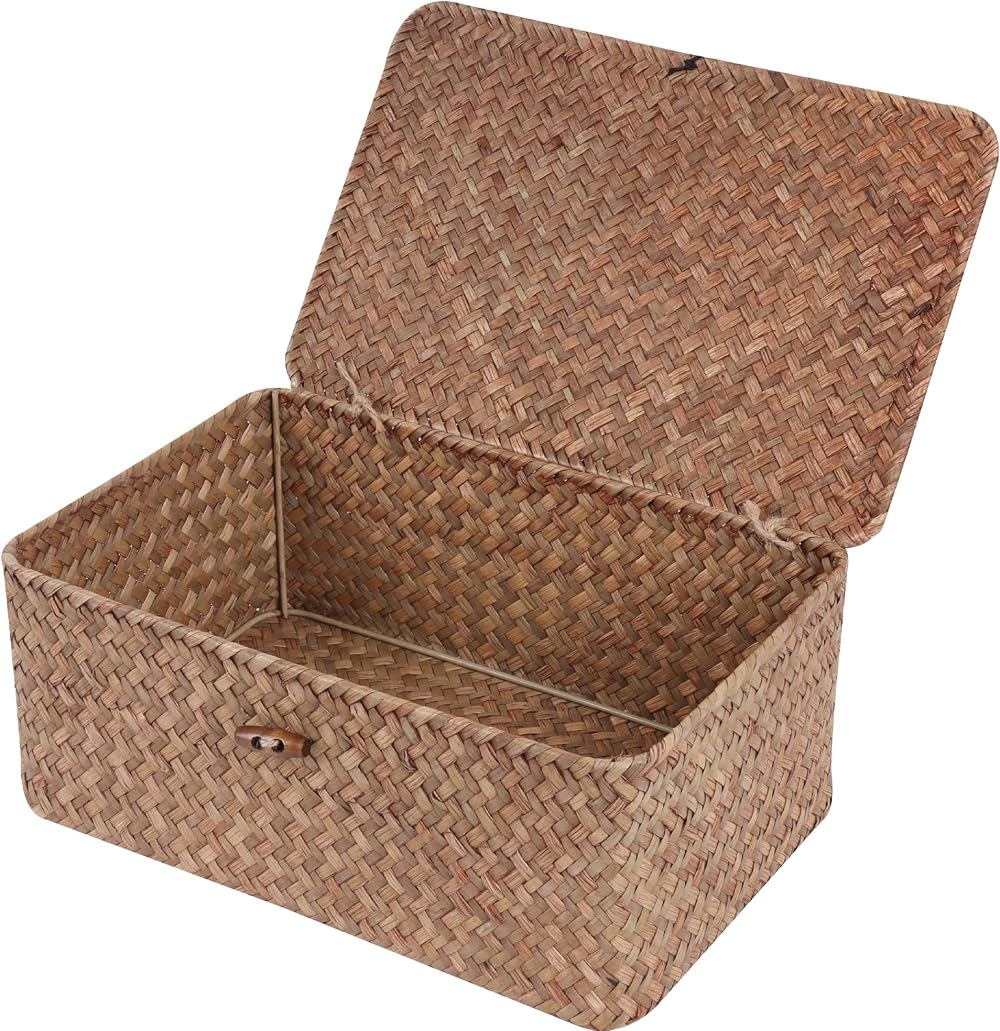 FEILANDUO Wicker Shelf Baskets with Lid Seagrass Storage Box Medium Coffee