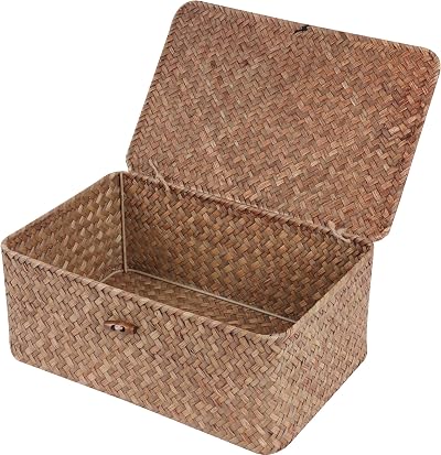 FEILANDUO Wicker Shelf Baskets with Lid Seagrass Storage Box Medium Coffee
