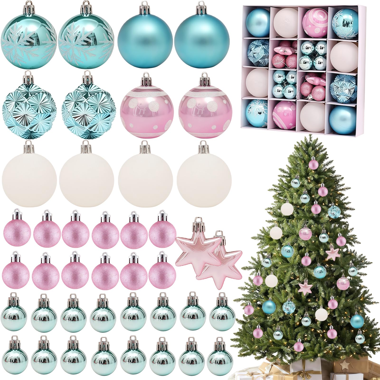 42pcs Christmas Tree Decorations Baubles,Blue Pink Xmas Ball Ornaments 3cm 6cm Mini Baubles Hanging Ball Plastic Christmas Bauble for Xmas Tree Decorations,Home Party,Wedding Decor