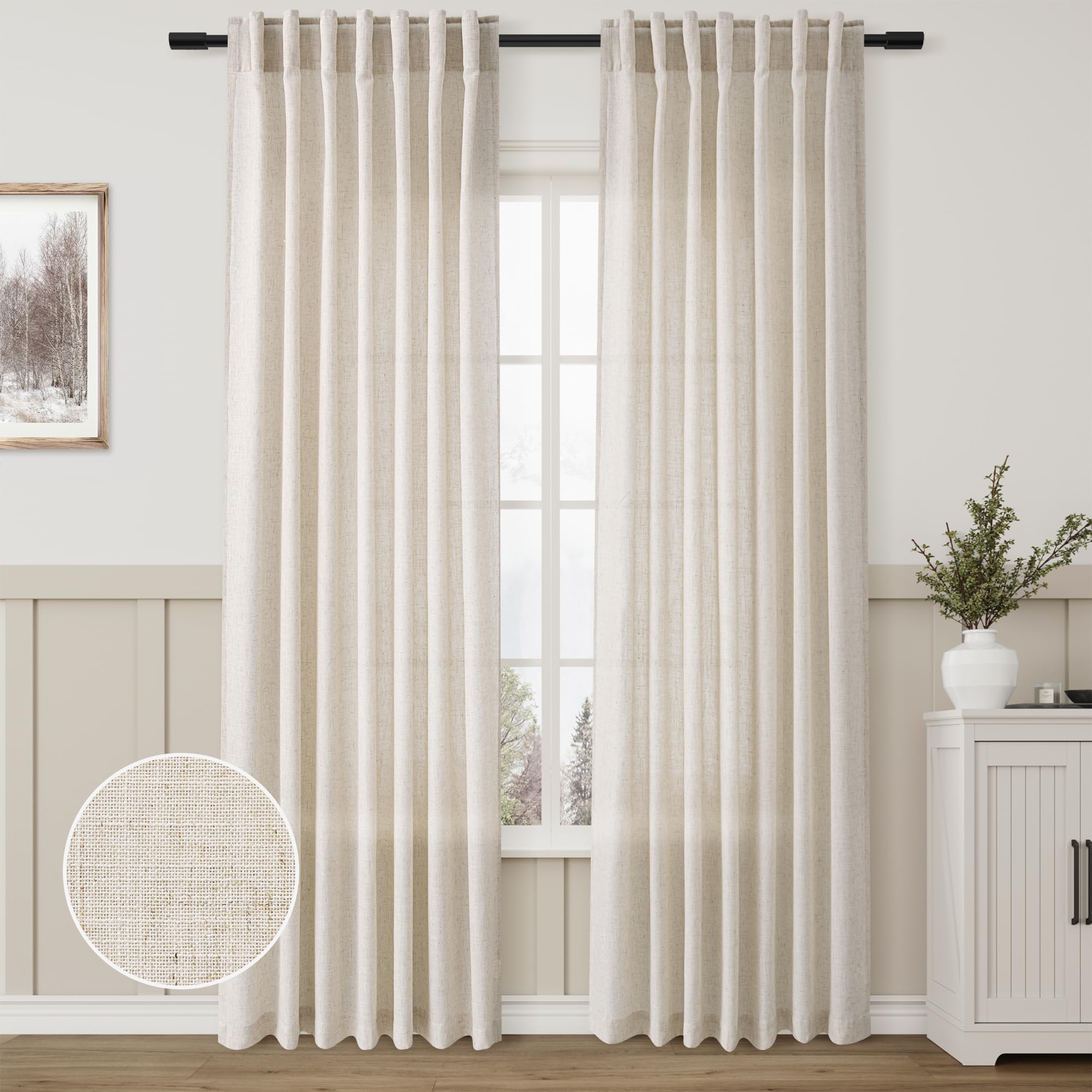 Photo 1 of Back Tab Linen Beige Curtain Panels 84 Inches Long Light Filtering Semi Sheer Pleated Drapes for Living Room Faux Linen Blend Country Rustic Farmhouse Privacy Canvas Cloth Window Curtain Set of 2